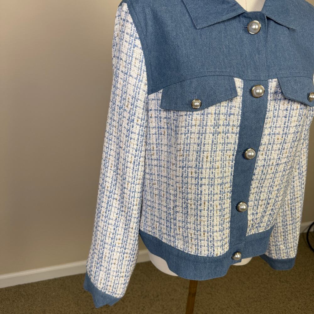 Nanette Lepore Tweed Jacket Denim Trim Boucle Pearl Buttons US Womens L New - Picture 4 of 11
